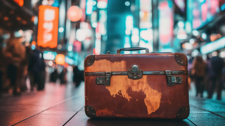A vintage leather suitcase sits prominently on an urban street, surrounded by colorful neon lights and bustling pedestrians, evoking feelings of nostalgia and adventure.の素材