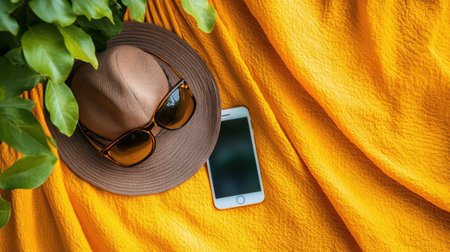 A vibrant summer flat lay showcases a brown hat, stylish sunglasses, a smartphone, and lush greenery set against a bright yellow background, perfect for lifestyle inspiration.の素材