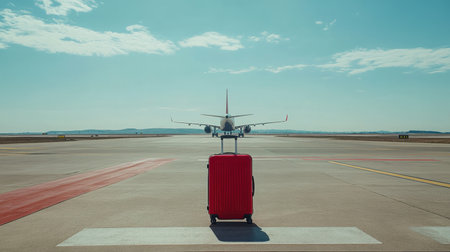 A striking image of a red luggage in front of an airplane at an airport tarmac, representing the excitement and anticipation of travel and adventure in a modern aviation setting.の素材