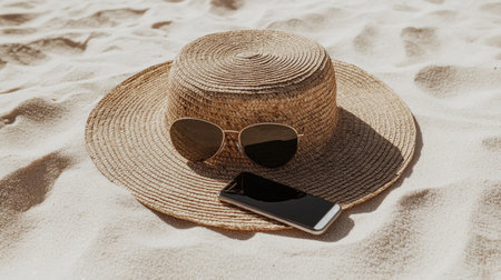 A stylish straw hat and trendy sunglasses rest alongside a smartphone on soft sandy beach, capturing the essence of summer relaxation and outdoor leisure activities.の素材
