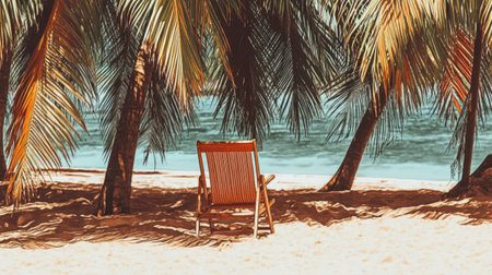 A picturesque beach scene showcasing a wooden chair nestled beneath vibrant palm trees, offering a perfect spot for relaxation and enjoyment of the serene coastal atmosphere.の素材