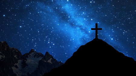 A dramatic silhouette of a cross on a mountain peak illuminates the night sky filled with stars, creating a serene and peaceful atmosphere perfect for reflection and spirituality.の素材