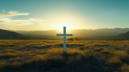 A captivating landscape featuring a white cross against a breathtaking sunrise backdrop, illustrating themes of faith, peace, and serenity in a natural setting.の素材