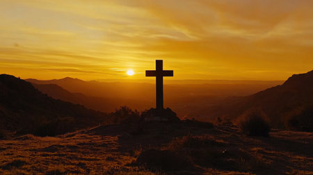 A stunning silhouette of a cross during sunset provides a serene backdrop of mountains and valleys, evoking feelings of peace, spirituality, and connection with nature.の素材