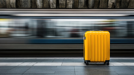 A vibrant yellow suitcase stands out against a blurred background of a moving train, symbolizing adventure and urban travel at a bustling train station.の素材