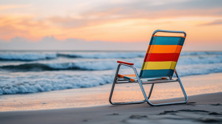 A colorful beach chair sits empty on a sandy shore, illuminated by a stunning sunset, inviting relaxation and reflection amid gentle ocean waves. Perfect coastal escape.の素材
