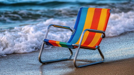 A vibrant beach chair sits elegantly by the waterの素材