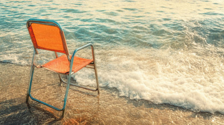 A captivating beach scene featuring an orange chair resting at the water's edge, gently kissed by waves, creating a perfect backdrop for relaxation and contemplation.の素材