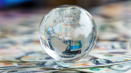 A crystal globe featuring a world map rests on a background of US dollar bills, symbolizing global finance, investment opportunities, and economic dynamics in a captivating visual representation.の素材