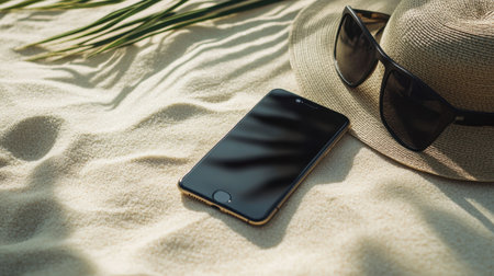 A captivating beach setting showcases a smartphone resting on warm sand, accompanied by a stylish hat and sunglasses, evoking the essence of summer relaxation and outdoor enjoyment.の素材