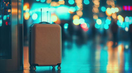 A sleek suitcase awaits travel at an airport, set against a vibrant bokeh backdrop, capturing the essence of adventure and the thrill of journeys yet to come.の素材