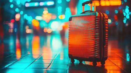 A reflective airport floor showcases a stylish suitcase amid vibrant, blurred lights, inviting travelers to embark on new adventures and explore exciting journeys.の素材