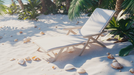 A tranquil beach scene featuring a white lounger on soft sand, surrounded by vibrant palm leaves and colorful seashells under the warm sun, ideal for relaxation.の素材