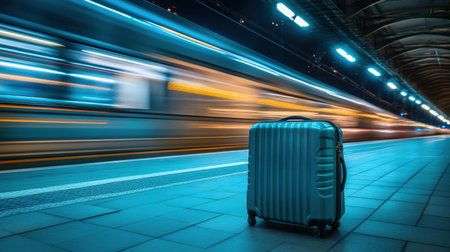 A suitcase rests on a platform, with a speeding train creating a dynamic backdrop. This image embodies the anticipation of travel and the excitement of journeys ahead.の素材