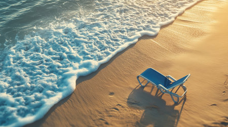 A serene beach scene showcasing a blue lounge chair resting on soft sand next to gentle waves, bathed in warm sunset light, inviting relaxation and calm vibes.の素材