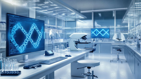 This image showcases a sleek, modern laboratory interior with advanced technology, featuring a microscope, digital screens, and various lab equipment suitable for scientific research.の素材