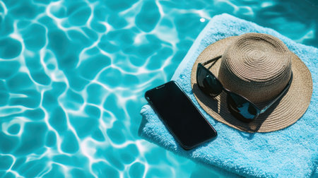 A serene poolside image featuring a straw hat, sunglasses, and a smartphone resting on a soft towel beside shimmering blue water, capturing the essence of summer relaxation.の素材
