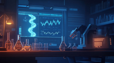 A captivating laboratory scene featuring advanced scientific equipment, illuminated glassware, and digital displays, ideal for any science-related project or educational material.の素材