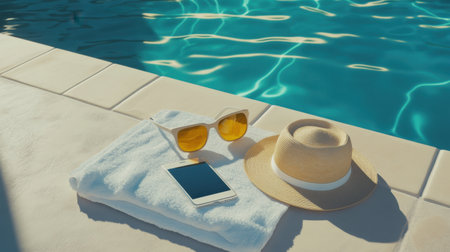 A serene poolside setup featuring stylish sunglasses, a chic hat, fluffy towel, and a smartphone, capturing perfect elements of summer relaxation and leisure by the water.の素材
