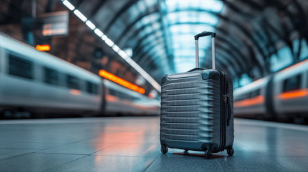 A sleek black suitcase stands alone on a train station platform, symbolizing the excitement of travel against a backdrop of departing trains and contemporary architecture.の素材