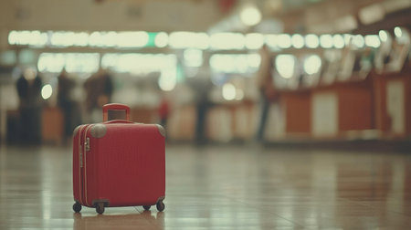 A striking red suitcase stands out in a busy airport environment, capturing the essence of travel and adventure amid blurred activity, inviting exploration and new experiences.の素材
