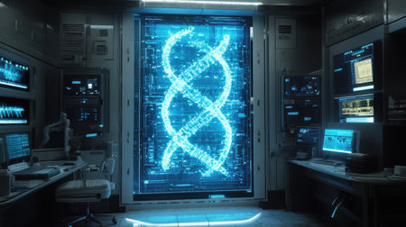 A high-tech laboratory featuring a glowing DNA helix interface, showcasing advanced research and innovation in genetics and bioengineering under futuristic illumination.の素材