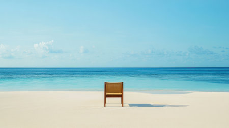 A picturesque scene featuring a single wooden chair on a pristine beach with gentle waves and a clear blue sky, perfect for themes of relaxation and tranquility.の素材