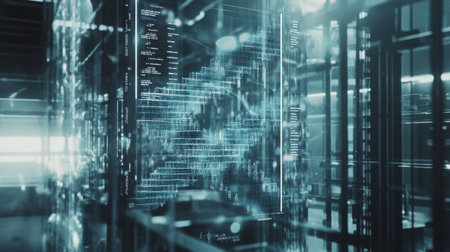 This image showcases a futuristic data center with digital interfaces and coding sequences, reflecting advanced technology and high-speed data processing in a modern setting.の素材