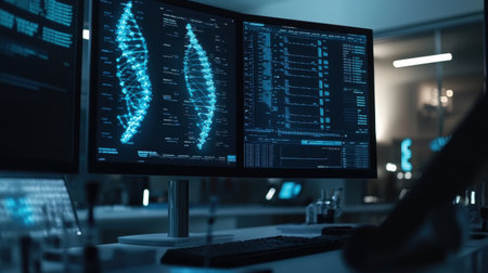 High-tech laboratory scene with dual monitors showcasing vibrant blue data visualizations and complex graphs, ideal for scientific research and technological analysis.の素材