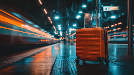 A bright orange suitcase stands out on a train station platform, with a blurred train speeding past in the background, highlighting the thrill of travel and adventure in the city at night.の素材