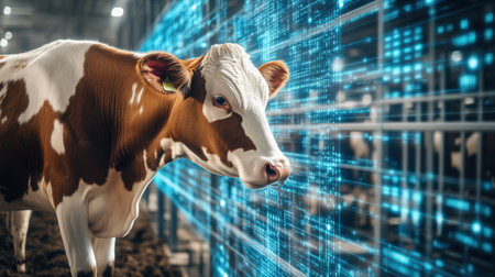A focused cow stands in a futuristic farm setting, juxtaposed with digital data streams, illustrating how technology transforms livestock management and agriculture.の素材