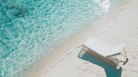 A stunning beach scene featuring a white lounge chair beside shimmering turquoise waters and soft sandy shore, capturing the essence of relaxation and seaside tranquility.の素材