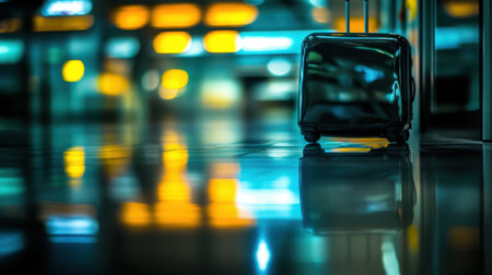 A black suitcase rests on a polished airport floor, surrounded by soft, glowing reflections and vibrant lights, capturing the essence of travel and adventure in a modern setting.の素材