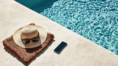 A serene poolside scene featuring a straw hat, sunglasses, and a smartphone resting on a cozy towel, inviting relaxation and leisure in a sunlit environment perfect for summer.の素材