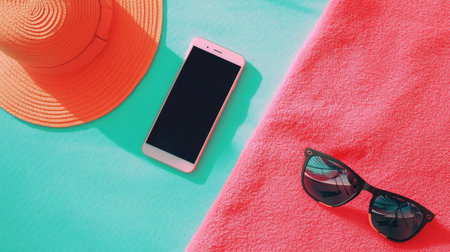 Capture the essence of summer with vibrant beach accessories including a smartphone, sunglasses, and sunhat on a colorful towel, perfect for relaxation and outdoor fun.の素材