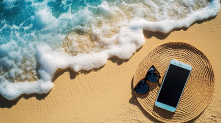 A serene beach setup featuring a smartphone and sunglasses resting on a straw mat, with gentle waves caressing the shoreline. Ideal for capturing summer relaxation vibes.の素材