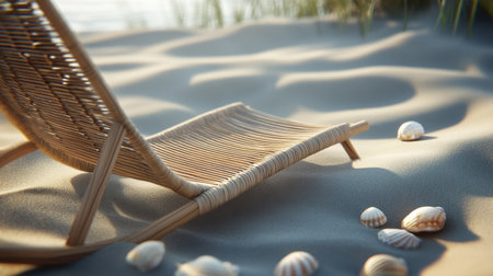 A serene beach scene featuring a relaxing chair resting on soft sand, surrounded by seashells, capturing the essence of summer tranquility and natural beauty.の素材