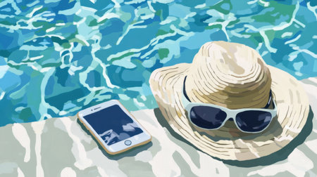 A vibrant poolside scene featuring a sun hat, sunglasses, and smartphone, perfect for capturing the essence of summer relaxation and outdoor enjoyment.の素材