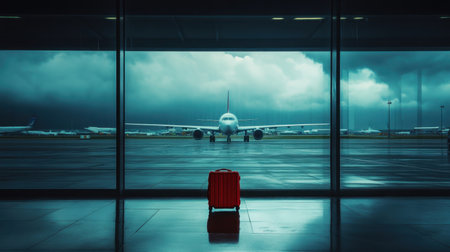 This striking image features a red suitcase in an airport terminal, set against a dramatic sky and airplanes, evoking feelings of anticipation and travel adventure.の素材