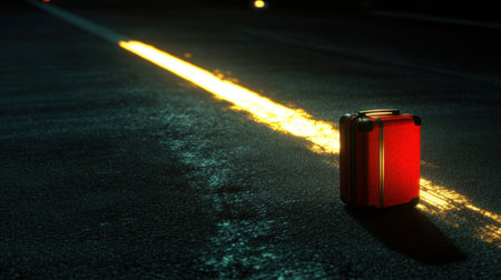 A vibrant red suitcase stands alone on a dark road, illuminated by a striking light, evoking feelings of adventure and solitude in a captivating night setting.の素材
