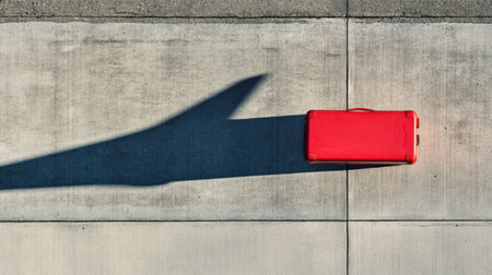 A striking image of a bright red suitcase on an airport tarmac, showcasing its shadow and inviting thoughts of travel and adventure for wanderers and explorers.の素材