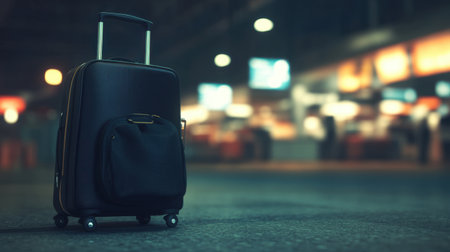 A sleek black suitcase stands alone on wheels within a vibrant airport terminal, embodying the anticipation of travel amidst a bustling backdrop for adventure seekers.の素材