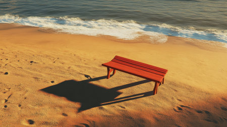 A stunning red bench sits alone on a tranquil beach, casting a long shadow on the soft golden sand, inviting you to reflect in this serene coastal setting.の素材