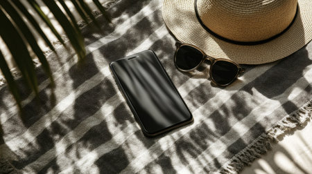 A serene summer setup featuring a smartphone, sunglasses, and a stylish straw hat resting on a textured blanket with palm leaves casting beautiful shadows in warm natural light.の素材