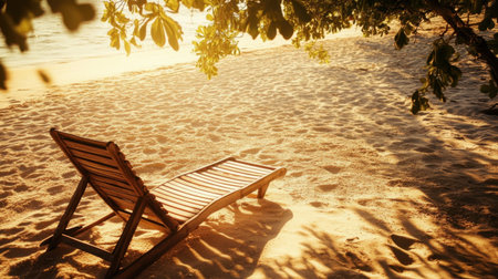 A serene beach scene featuring a lone lounge chair on soft sand, illuminated by warm sunlight. Ideal for evoking relaxation and tranquility in vacation-related themes.の素材