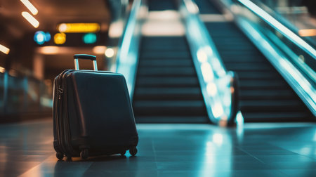 A sleek black suitcase stands out in the modern airport terminal, with glowing escalators in the background, capturing the essence of travel excitement and adventure.の素材