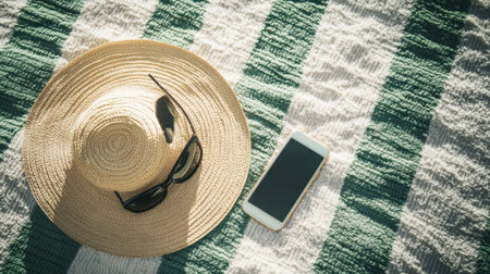 A serene summertime scene showcasing a woven straw hat, stylish sunglasses, and a smartphone elegantly positioned on a beach towel in soft green and white stripes.の素材
