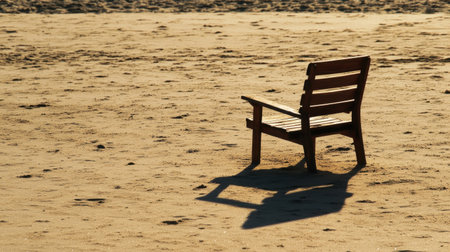 A lone wooden chair sits on a sandy beach, framed by soft golden light during sunset, inviting moments of peace and reflection against a serene backdrop.の素材
