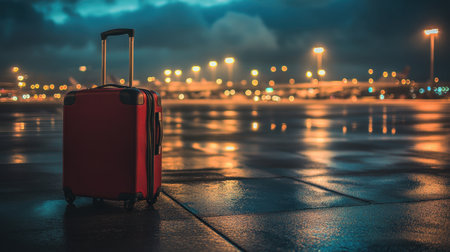 A vivid red suitcase sits on a wet airport runway, capturing the essence of travel and solitude against a backdrop of shimmering city lights on a moody evening.の素材