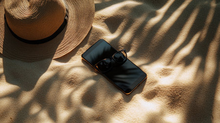 Inviting beach composition featuring a smartphone, sunglasses, and a straw hat resting on sand, encapsulating the essence of summer relaxation and coastal beauty. Perfect for lifestyle themes.の素材